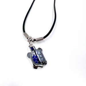 Cute Hematite Sea Turtle Pendant Black Cord 16” Necklace